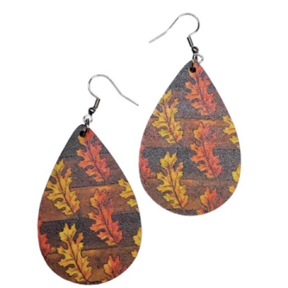 UNBRANDED Autumn Leaves WOODEN Teardrop Earrings